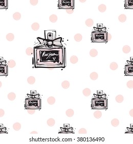 Vector fashion sketch. Hand drawn graphic parfume, perfume. Contrast glamour fashion seamless pattern in vogue style. Isolated elements on white background