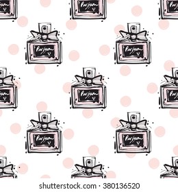 Vector fashion sketch. Hand drawn graphic parfume, perfume. Contrast glamour fashion seamless pattern in vogue style. Isolated elements on white background
