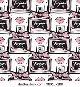 Vector fashion sketch. Hand drawn graphic pink lip, perfume.. Contrast glamour fashion seamless pattern in vogue style. Isolated elements on white background