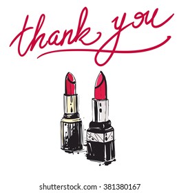 Vector fashion sketch. Hand drawn graphic couple lipstick and thank you calligraphy lettering sign. Contrast glamour fashion greeting card in vogue style. Isolated elements on white background