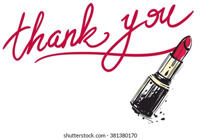 Vector fashion sketch. Hand drawn graphic wine red lipstick and thank you calligraphy lettering sign. Contrast glamour fashion greeting card in vogue style. Isolated elements on white background