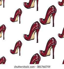 Vector fashion sketch. Hand drawn graphic wine heel. Contrasty glamour fashion seamless pattern in vogue style. Isolated elements on white background