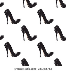 Vector fashion sketch. Hand drawn graphic shoe. Contrasty glamour fashion seamless pattern in vogue style. Isolated elements on white background