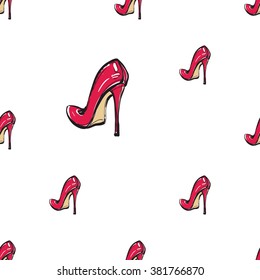 Vector fashion sketch. Hand drawn graphic red heel. Contrasty glamour fashion seamless pattern in vogue style. Isolated elements on white background