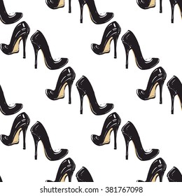 Vector fashion sketch. Hand drawn graphic heel. Contrasty glamour fashion seamless pattern in vogue style. Isolated elements on white background