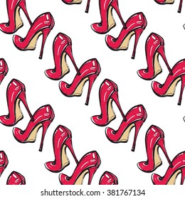 Vector fashion sketch. Hand drawn graphic red heels. Contrasty glamour fashion seamless pattern in vogue style. Isolated elements on white background