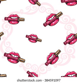 Vector fashion sketch. Hand drawn graphic glossy and shine lipstick mouth. Glamour fashion seamless pattern in vogue style. Isolated elements on white background