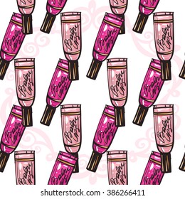 Vector fashion sketch. Hand drawn graphic glossy and shine lip balm. Glamour fashion seamless pattern in vogue style. Isolated elements on white background