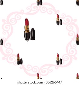 Vector fashion sketch. Hand drawn graphic glossy and shine lipstick. Glamour fashion seamless pattern in vogue style. Isolated elements on white background