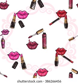 Vector fashion sketch. Hand drawn graphic glossy and shine pink lips, mouth, rouge lips, paint lips, lipstick. Glamour fashion seamless pattern in vogue style. Isolated elements on white background