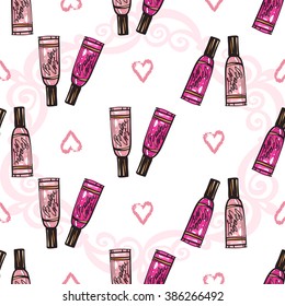 Vector fashion sketch. Hand drawn graphic glossy and shine heart, lip balm, kiss, lips imprint. Glamour fashion seamless pattern in vogue style. Isolated elements on white background