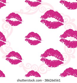 Vector fashion sketch. Hand drawn graphic glossy and shine lips imprint. Glamour fashion seamless pattern in vogue style. Isolated elements on white background
