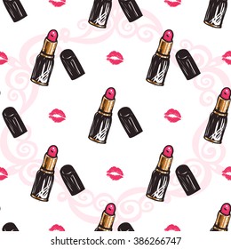 Vector fashion sketch. Hand drawn graphic glossy and shine pink lipstick, paint mouth, paint lips, red lips. Fashion seamless pattern in vogue style. Isolated elements on white background