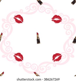 Vector fashion sketch. Hand drawn graphic glossy and shine lip stick, lips imprint, lipstick, paint red lips. Glamour fashion seamless pattern in vogue style. Isolated elements on white background