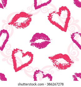 Vector fashion sketch. Hand drawn graphic glossy and shine heart, kiss, lips imprint, rouge lips, paint lips. Glamour fashion seamless pattern in vogue style. Isolated elements on white background
