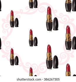 Vector fashion sketch. Hand drawn graphic glossy and shine lipstick. Glamour fashion seamless pattern in vogue style. Isolated elements on white background