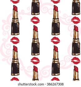 Vector fashion sketch. Hand drawn graphic glossy and shine lip stick, lips imprint, lipstick, paint red lips. Glamour fashion seamless pattern in vogue style. Isolated elements on white background