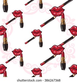 Vector fashion sketch. Hand drawn graphic glossy and shine red lips. Glamour fashion seamless pattern in vogue style. Isolated elements on white background