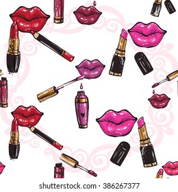 Vector fashion sketch. Hand drawn graphic glossy and shine pink lips, pink mouth, rouge, paint lips, red lips. Glamour fashion seamless pattern in vogue style. Isolated elements on white background