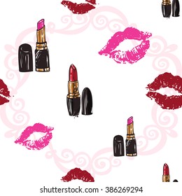 Vector fashion sketch. Hand drawn graphic glossy and shine pink rouge, kiss, lips imprint, lipstick,red lips. Glamour fashion seamless pattern in vogue style. Isolated elements on white background