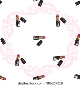 Vector fashion sketch. Hand drawn graphic glossy and shine pink lipstick. Glamour fashion seamless pattern in vogue style. Isolated elements on white background