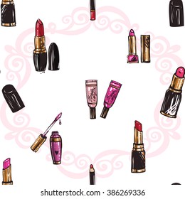 Vector fashion sketch. Hand drawn graphic glossy and shine lip pencil, pink lipstick, lip stick, balm, liquid lipstick. Glamour seamless pattern in vogue style. Isolated elements on white background