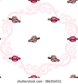 Vector fashion sketch. Hand drawn graphic glossy and shine biting lipstick, lipstick mouth, paint lips, red lips. Glamour fashion seamless pattern in vogue style. Isolated elements on white background