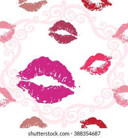 Vector fashion sketch. Hand drawn graphic glossy and shine kiss and lips imprint. Glamour fashion seamless pattern in vogue style. Isolated elements on white background