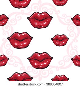 Vector fashion sketch. Hand drawn graphic glossy and shine red lips, pink mouth, rouge lips, paint lips. Glamour fashion seamless pattern in vogue style. Isolated elements on white background