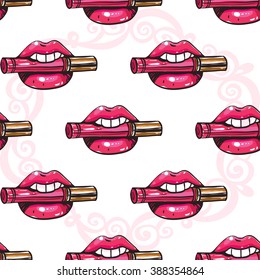 Vector fashion sketch. Hand drawn graphic glossy and shine lipstick mouth. Glamour fashion seamless pattern in vogue style. Isolated elements on white background