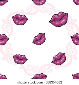 Vector fashion sketch. Hand drawn graphic glossy and shine paint lips, pink mouth, rouge lips, red lips. Glamour fashion seamless pattern in vogue style. Isolated elements on white background