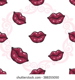 Vector fashion sketch. Hand drawn graphic glossy and shine rouge lips, pink mouth, paint lips, red lips. Glamour fashion seamless pattern in vogue style. Isolated elements on white background