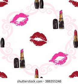 Vector fashion sketch. Hand drawn graphic glossy and shine pink rouge, kiss, lips imprint, lipstick, rouge lips, paint lips, red lips. Glamour fashion seamless pattern in vogue style.