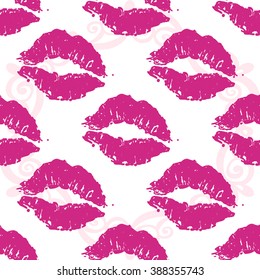Vector fashion sketch. Hand drawn graphic glossy and shine lips imprint. Glamour fashion seamless pattern in vogue style. Isolated elements on white background