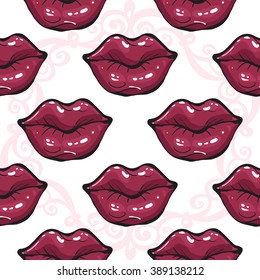 Vector fashion sketch. Hand drawn graphic glossy and shine rouge lips, pink mouth, paint lips, red lips. Glamour fashion seamless pattern in vogue style. Isolated elements on white background