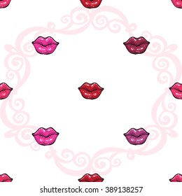 Vector fashion sketch. Hand drawn graphic glossy and shine pink lips, pink mouth, rouge lips, paint red lips. Glamour fashion seamless pattern in vogue style. Isolated elements on white background