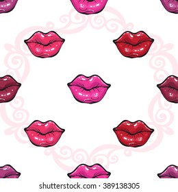 Vector fashion sketch. Hand drawn graphic glossy and shine pink lips, pink mouth, rouge lips, paint red lips. Glamour fashion seamless pattern in vogue style. Isolated elements on white background