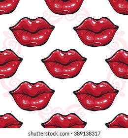 Vector fashion sketch. Hand drawn graphic glossy and shine red lips, pink mouth, rouge lips, paint lips. Glamour fashion seamless pattern in vogue style. Isolated elements on white background