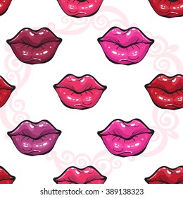 Vector fashion sketch. Hand drawn graphic glossy and shine pink lips, pink mouth, rouge lips, paint red lips. Glamour fashion seamless pattern in vogue style. Isolated elements on white background