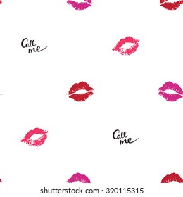 Vector fashion sketch. Hand drawn graphic glossy and shine call me, kiss, lips imprint. Glamour fashion seamless pattern in vogue style. Isolated elements on white background