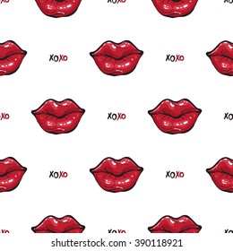 Vector fashion sketch. Hand drawn graphic glossy and shine xoxo, red lips, pink lips, pink mouth, rouge lips. Glamour fashion seamless pattern in vogue style. Isolated elements on white background