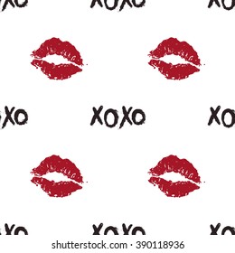 Vector fashion sketch. Hand drawn graphic glossy and shine xoxo, lips imprint, pink mouth, rouge lips, red lips. Glamour fashion seamless pattern in vogue style. Isolated elements on white background