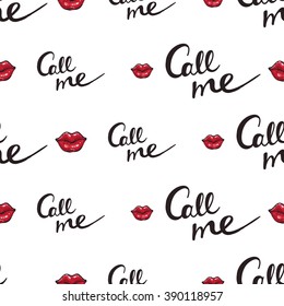 Vector fashion sketch. Hand drawn graphic glossy and shine call me, red lips, pink lips, pink mouth, rouge lips. Glamour fashion seamless pattern in vogue style. Isolated elements on white background