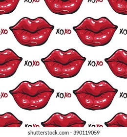 Vector fashion sketch. Hand drawn graphic glossy and shine xoxo, red lips, pink lips, pink mouth, rouge lips. Glamour fashion seamless pattern in vogue style. Isolated elements on white background