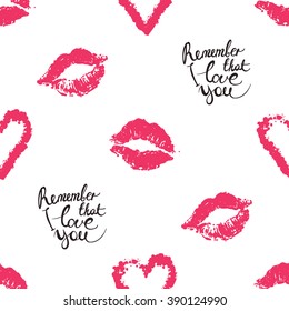 Vector fashion sketch. Hand drawn graphic glossy and shine remember that I love you, heart, kiss, lips imprint. Glamour fashion seamless pattern in vogue style. Isolated elements on white background