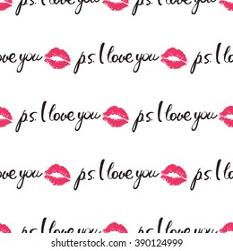 Vector fashion sketch. Hand drawn sing ps I love you, lips imprint, kiss, pink mouth, rouge lips, red lips. Glamour fashion seamless pattern in vogue style. Isolated elements on white background