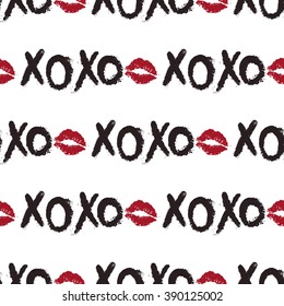 Vector fashion sketch. Hand drawn graphic glossy and shine xoxo, lips imprint, pink mouth, rouge lips, red lips. Glamour fashion seamless pattern in vogue style. Isolated elements on white background