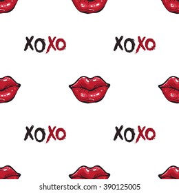 Vector fashion sketch. Hand drawn graphic glossy and shine xoxo, red lips, pink lips, pink mouth, rouge lips. Glamour fashion seamless pattern in vogue style. Isolated elements on white background