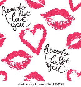 Vector fashion sketch. Hand drawn graphic glossy and shine remember that I love you, heart, kiss, lips imprint. Glamour fashion seamless pattern in vogue style. Isolated elements on white background