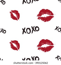 Vector fashion sketch. Hand drawn graphic glossy and shine xoxo, lips imprint, pink mouth, rouge lips, red lips. Glamour fashion seamless pattern in vogue style. Isolated elements on white background